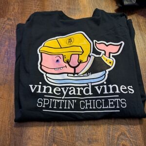 Vineyard Vines Black Tee with Pink Whale and Yellow Helmet Graphic